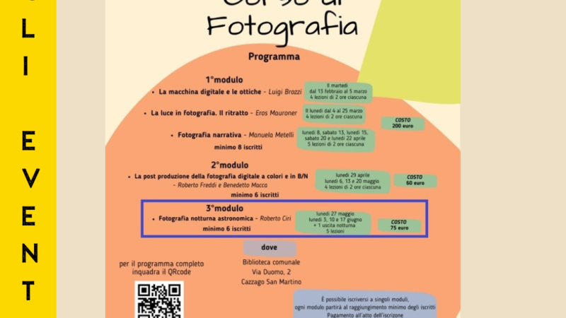 Cazzago San Martino – Al via il Corso di fotografia, la presentazione del corso in programma Martedì 6 Febbraio
